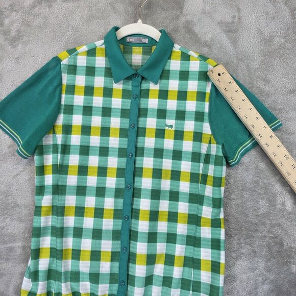 PAT Shirt Womens Large Green White Yellow Plaid Button Front Short Sleeve Knit - Picture 4 of 10